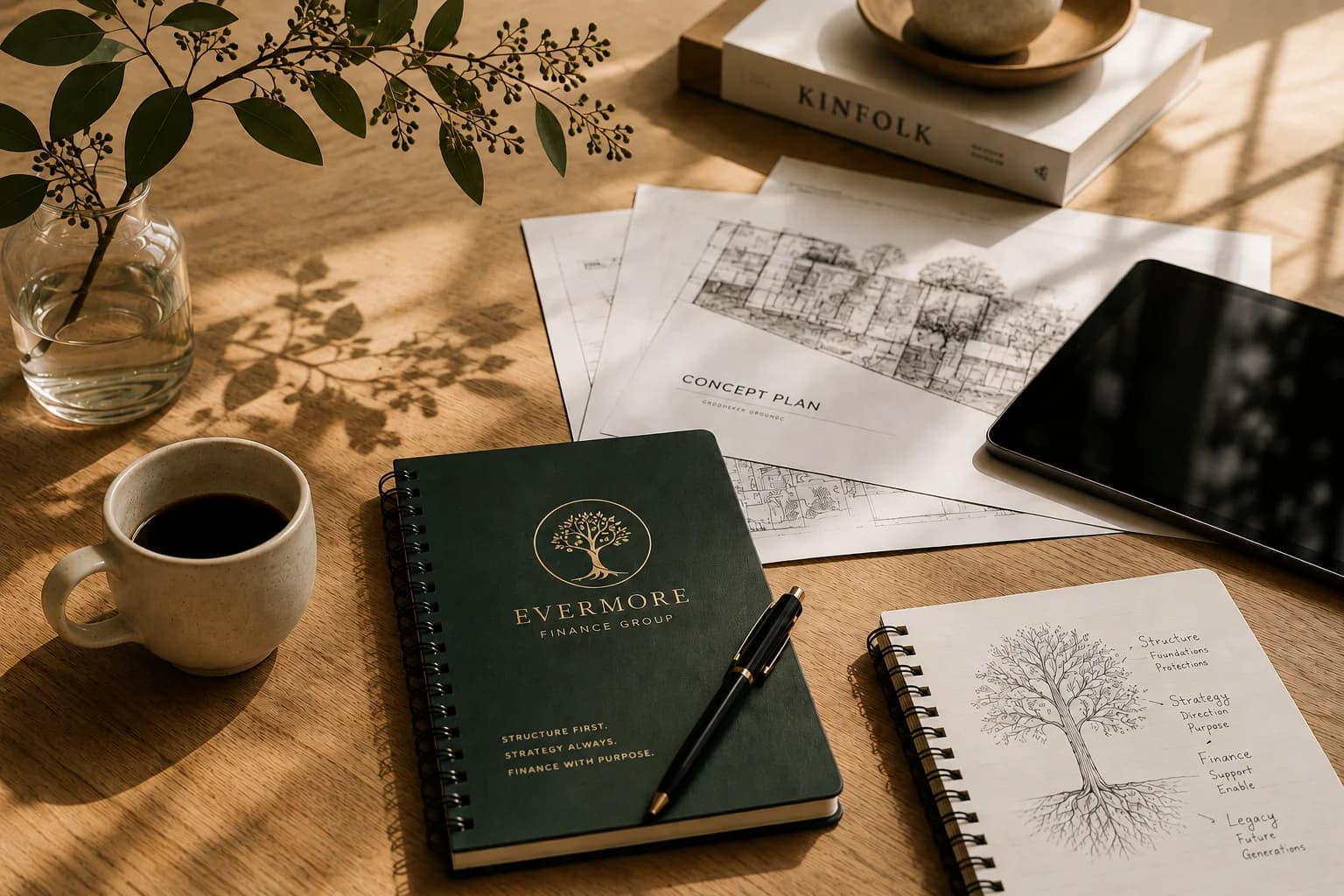 Evermore Finance Group branded notebook and hand-drawn tree still life — Structure, Strategy, Finance, Legacy