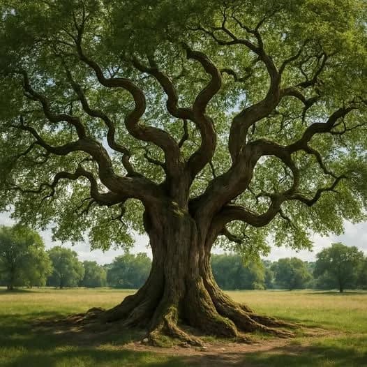 Ancient spreading tree in a sunlit field — Our Philosophy